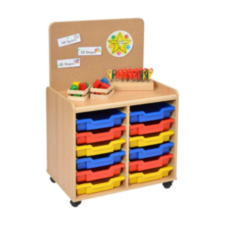 Windwood Early Years Shallow Tray Storage Unit with Cork Panel and Castors
