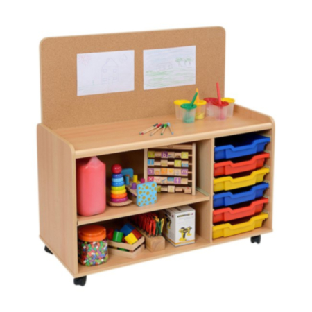 Windwood Early Years Shallow Tray Storage Unit with 2 Shelves and Cork Panel