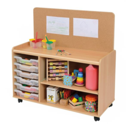 Windwood Early Years Shallow Tray Storage Unit with 2 Shelves and Cork Panel