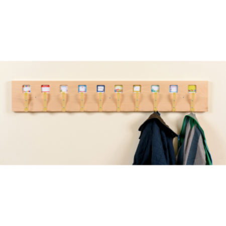 Early Years Beech Coat Peg Rail with 10 Cream Hooks with Name Tag Pockets