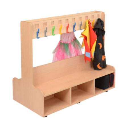 Early Years Double Sided Beech Coat Rack Bench Unit with Name Tag Pockets and Multi-Coloured Pegs 