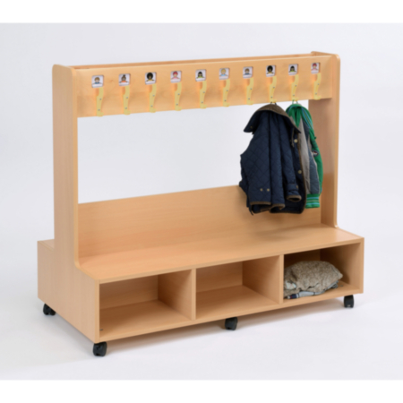 Early Years Double Sided Beech Coat Bench Unit with Name Tag Pockets and Cream Pegs 