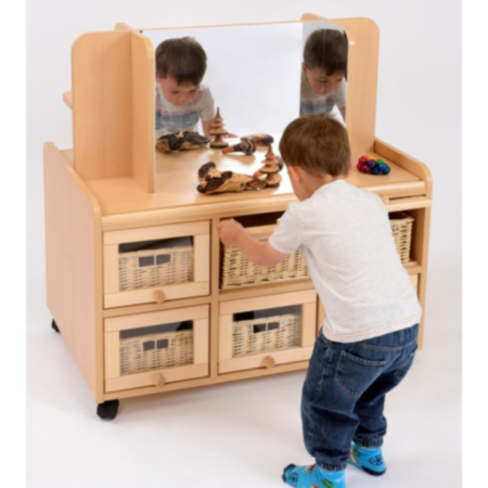 Early Years Double Sided Resource Storage Unit with Doors, Mirror and Shallow Baskets