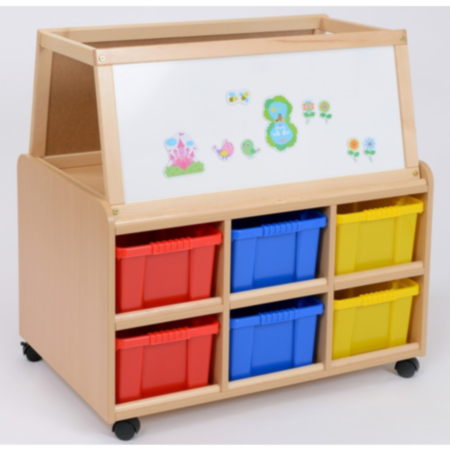Double Sided Storage Unit with Dry Wipe Magnetic Easel &amp; Deep Trays