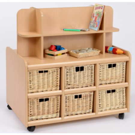 Double Sided Storage Unit with Mirror, Display Shelf and Wicker Baskets