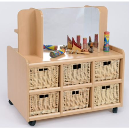 Double Sided Storage Unit with Mirror, Display Shelf and Wicker Baskets