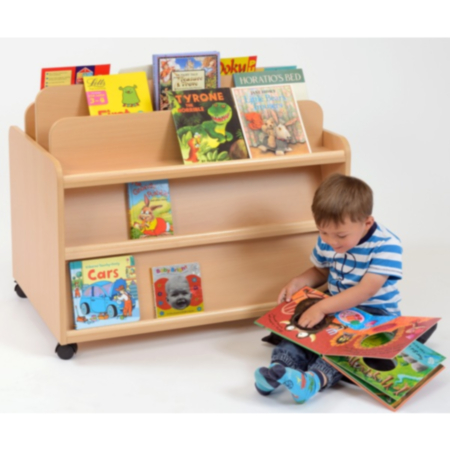 Double Sided Book Display and Storage with Wicker Baskets