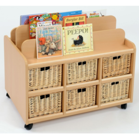 Double Sided Book Display and Storage with Wicker Baskets