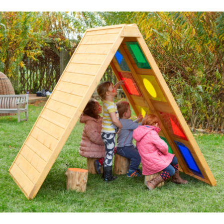 Early Years Outdoor Wooden Sensory Tunnel Den with Coloured Perspex Peepholes