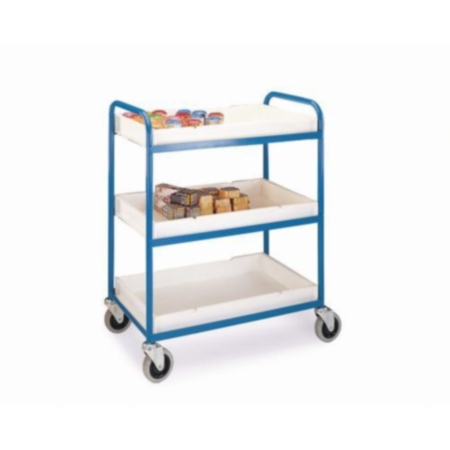 Blue Plastic tray trolley with 3 shelves