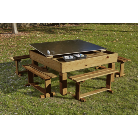 Wooden Outdoor Chalk Table with Lift Lid and Benches