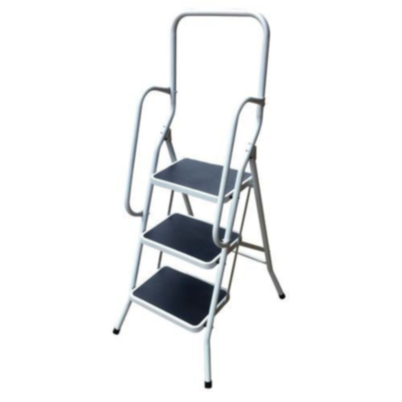White Folding Step Stool With Handrail - 3 Step