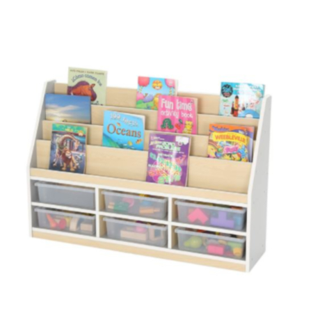 Thrifty 6 Compartment Wooden Grey Front Facing Bookcase with Trays