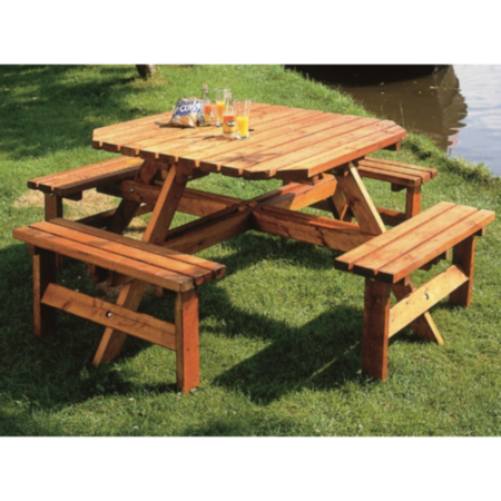  Octagonal Wooden Picnic Table with Parasol Hole- 8 Seater