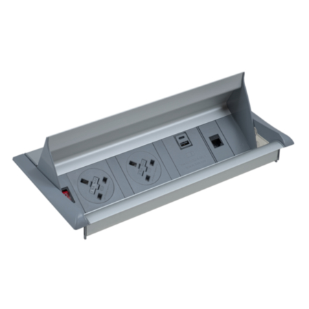 Aero Fliptop in-table Power Module with UK Sockets, RJ45 Socket, Twin USB Fast Charge - Grey/Silver