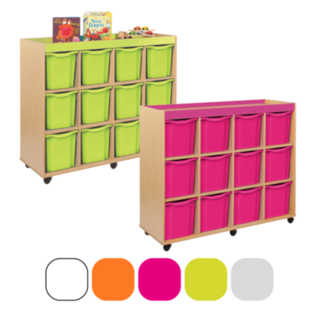 Bubblegum Mobile Classroom Storage Unit with Coloured Trim and 12 Quad Trays
