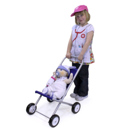 EYFS Large Dolls Pushchair Silver with Blue Cover
