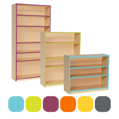 Wooden Open Bookcase with Coloured Edging and Adjustable Shelves