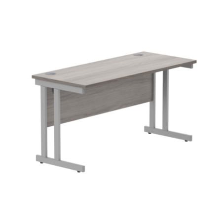 Office Rectangular Desk With Steel Double Upright Cantilever Frame | 1400X600 | Alaskan Grey Oak/Silver