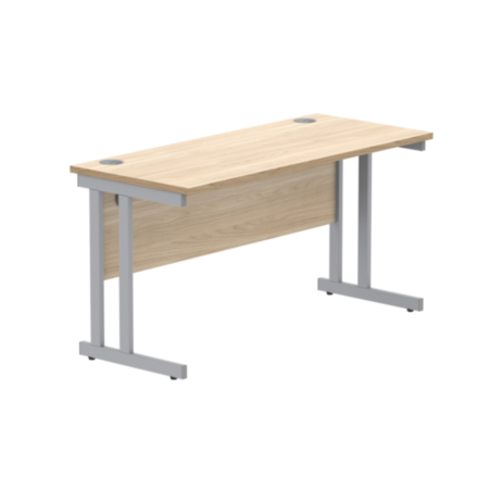 Office Rectangular Desk With Steel Double Upright Cantilever Frame | 1400X600 | Canadian Oak/Silver