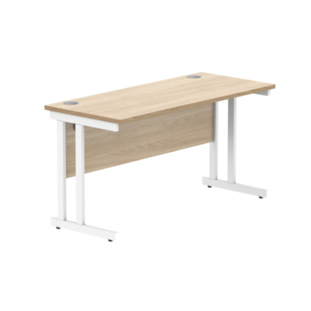 Office Rectangular Desk With Steel Double Upright Cantilever Frame | 1400X600 | Canadian Oak/White