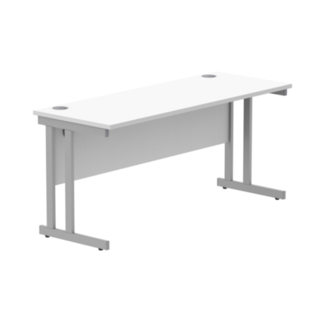 Office Rectangular Desk With Steel Double Upright Cantilever Frame | 1600X600 | Arctic White/Silver