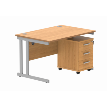 Du Rectangle Desk+3 Drawer Mobile Under Desk Ped-1280-Norwegian Beech/Silver