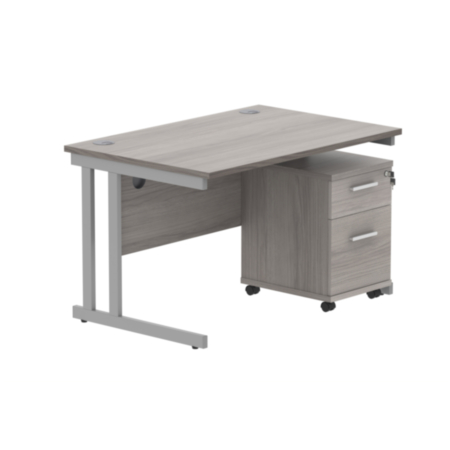Du Rectangle Desk +2 Drawer Mobile Under Desk Ped-1280-Alaskan Grey Oak/Silver