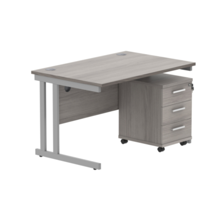 Du Rectangle Desk +3 Drawer Mobile Under Desk Ped-1280-Alaskan Grey Oak/Silver