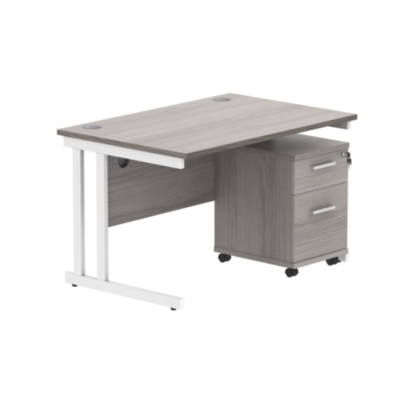Du Rectangle Desk+2 Drawer Mobile Under Desk Ped-1280-Alaskan Grey Oak/White