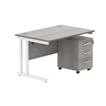 Du Rectangle Desk+3 Drawer Mobile Under Desk Ped-1280-Alaskan Grey Oak/White