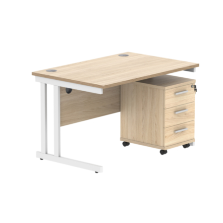 Du Rectangle Desk+3 Drawer Mobile Under Desk Ped-1280-Canadian Oak/White