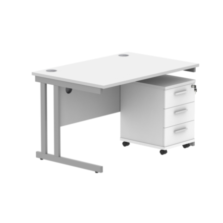 Du Rectangle Desk +2 Drawer Mobile Under Desk Ped-1280-Arctic White/Silver
