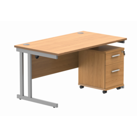 Du Rectangle Desk+2 Drawer Mobile Under Desk Ped-1480-Norwegian Beech/Silver