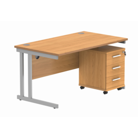 Du Rectangle Desk+3 Drawer Mobile Under Desk Ped-1480-Norwegian Beech/Silver