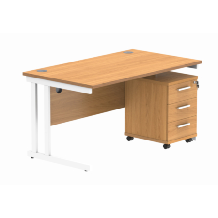Du Rectangle Desk+3 Drawer Mobile Under Desk Ped-1480-Norwegian Beech/White