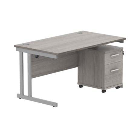 Du Rectangle Desk +2 Drawer Mobile Under Desk Ped-1480-Alaskan Grey Oak/Silver