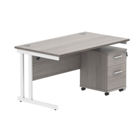 Du Rectangle Desk+2 Drawer Mobile Under Desk Ped-1480-Alaskan Grey Oak/White
