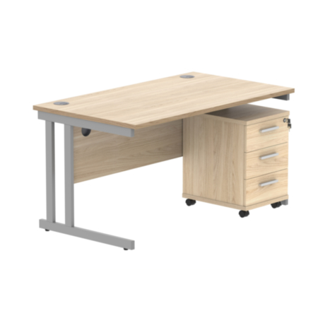 Du Rectangle Desk +3 Drawer Mobile Under Desk Ped-1480-Canadian Oak/Silver