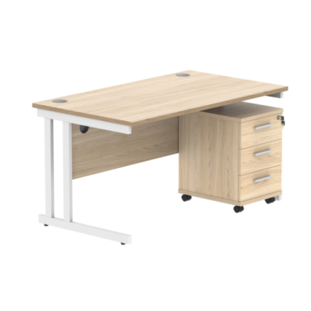 Du Rectangle Desk+3 Drawer Mobile Under Desk Ped-1480-Canadian Oak/White