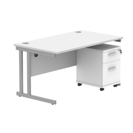 Du Rectangle Desk +2 Drawer Mobile Under Desk Ped-1480-Arctic White/Silver