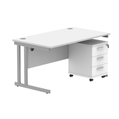 Du Rectangle Desk +3 Drawer Mobile Under Desk Ped-1480-Arctic White/Silver