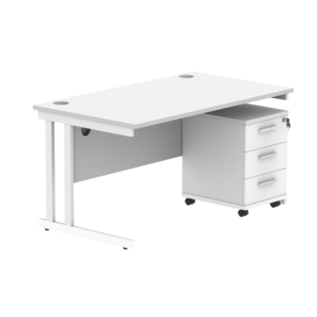 Du Rectangle Desk+3 Drawer Mobile Under Desk Ped-1480-Arctic White/White