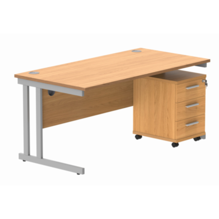 Du Rectangle Desk+3 Drawer Mobile Under Desk Ped-1680-Norwegian Beech/Silver