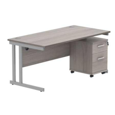 Du Rectangle Desk +2 Drawer Mobile Under Desk Ped-1680-Alaskan Grey Oak/Silver