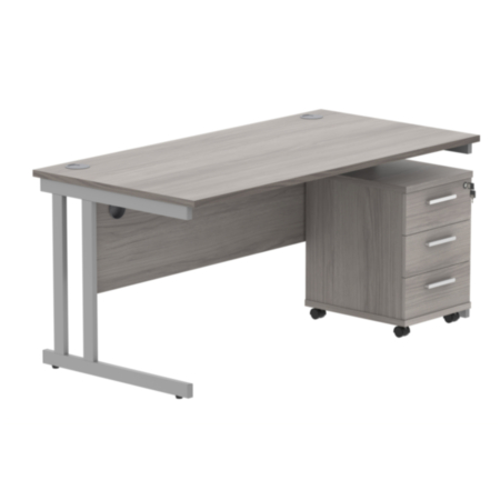 Du Rectangle Desk +3 Drawer Mobile Under Desk Ped-1680-Alaskan Grey Oak/Silver