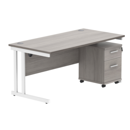 Du Rectangle Desk+2 Drawer Mobile Under Desk Ped-1680-Alaskan Grey Oak/White