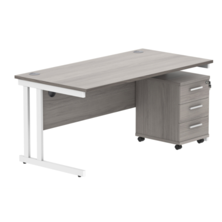 Du Rectangle Desk+3 Drawer Mobile Under Desk Ped-1680-Alaskan Grey Oak/White