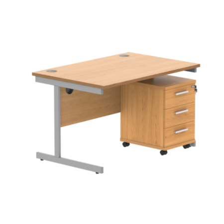 Single Upright Rectangular Desk + 2 Drawer Mobile Under Desk Pedestal | 1200X800 | Norwegian Beech/Silver
