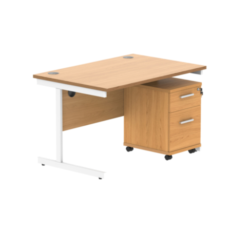 Single Upright Rectangular Desk + 2 Drawer Mobile Under Desk Pedestal | 1200X800 | Norwegian Beech/White